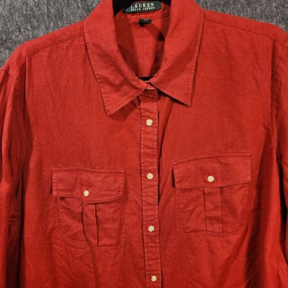 Lauren Ralph Lauren Women's 100% Linen Button Up Shirt Size 1X Red Tab Sleeved - Picture 3 of 9